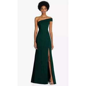 NWOT After Six One-Shoulder Gown Side Slit Floor Length Evergreen Size 16